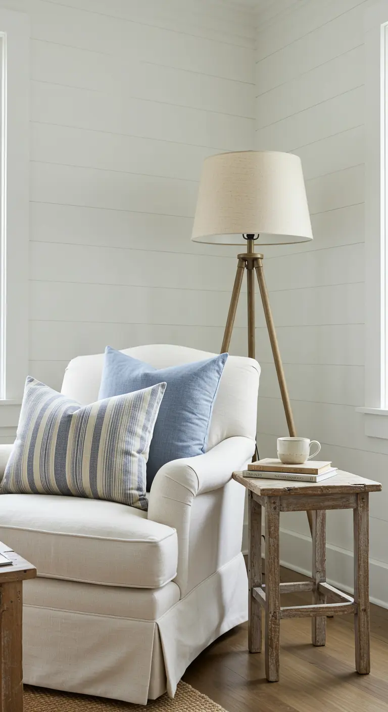 Close-up of a white armchair with a blue striped pillow and a solid chambray blue pillow.