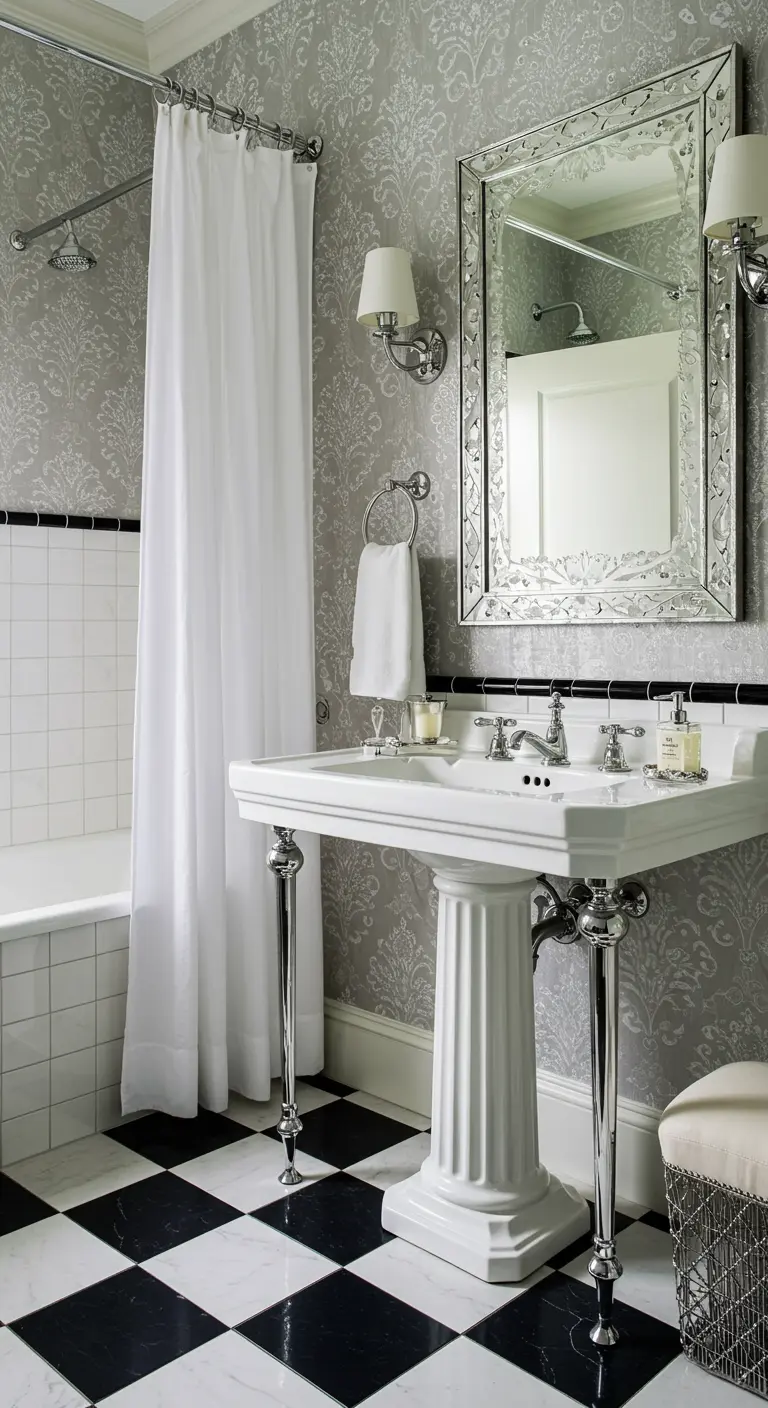 Glamorous bathroom with damask wallpaper, an ornate mirror, and checkerboard flooring.