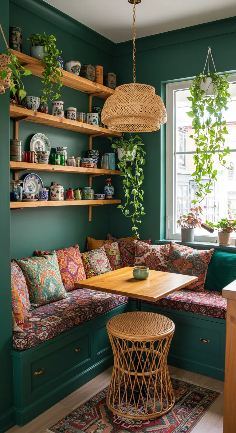 Bohemian kitchen nook with dark green walls and colorful patterned textiles.
