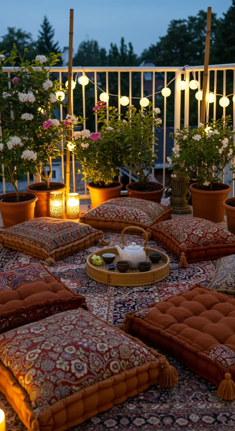 A bohemian balcony filled with patterned terracotta cushions, a large rug, and potted roses.