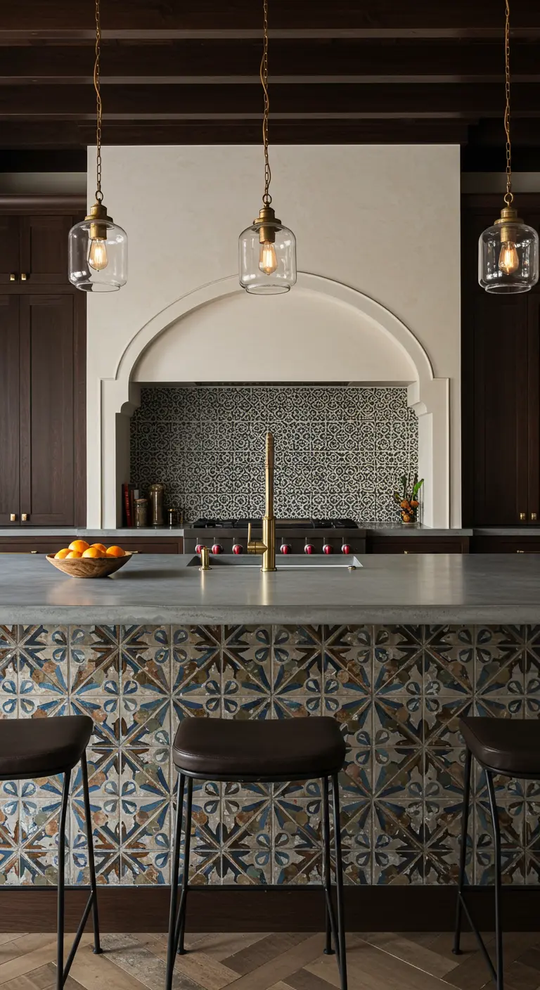 Moroccan-inspired kitchen with patterned tile on the island, a dark tile backsplash, and brass fixtures.