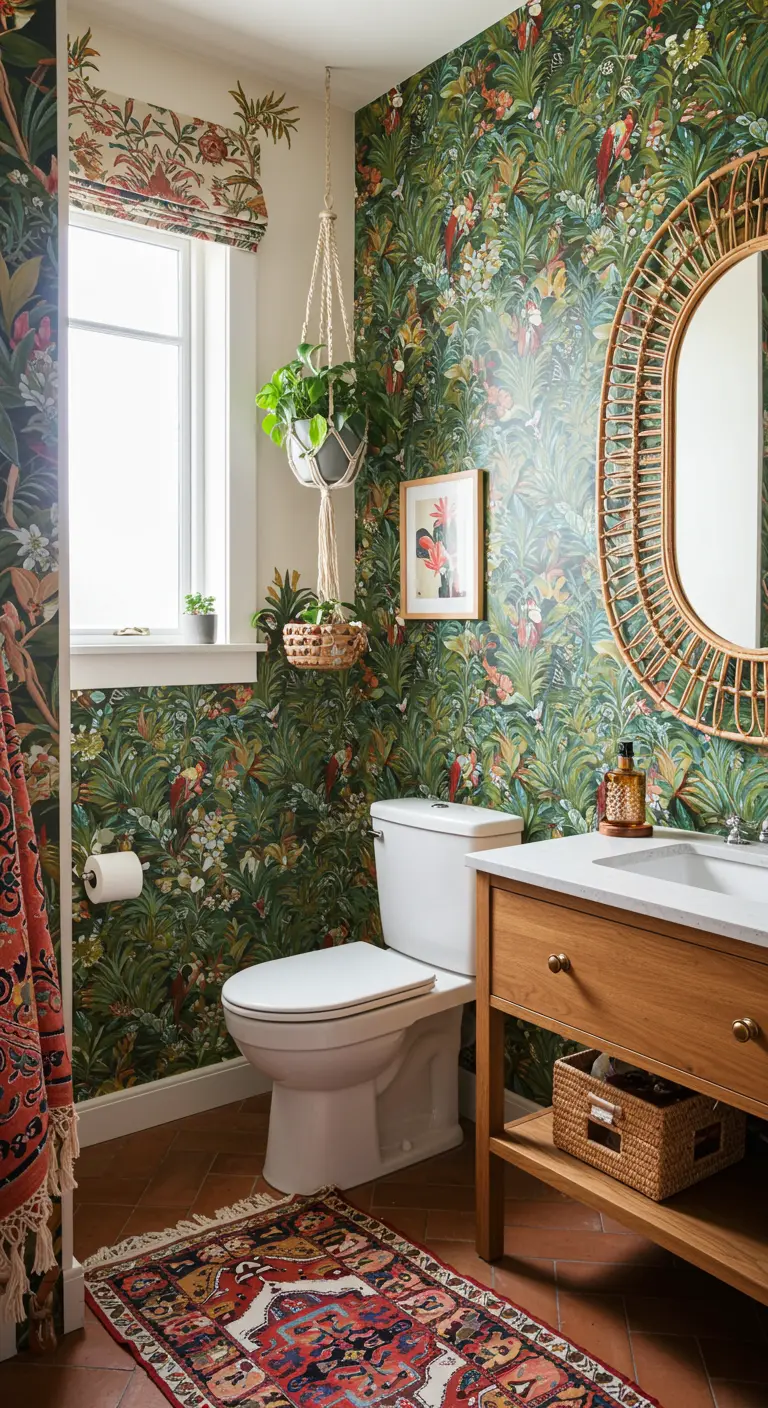 Eclectic bathroom with dense floral wallpaper, a patterned rug, and a rattan mirror.