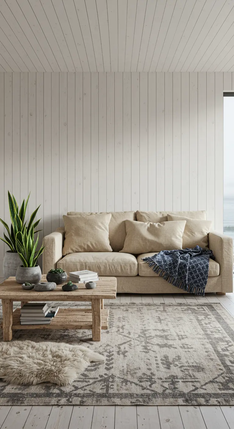 Living room with whitewashed wood walls, a beige sofa, and a patterned neutral rug.