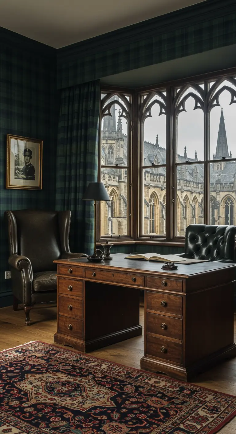 A study with dark plaid wallpaper, matching curtains, and a leather armchair by a gothic window.