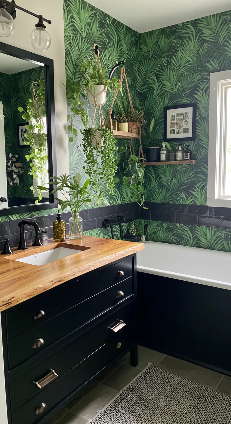 Bathroom with green palm leaf wallpaper, a black vanity, and numerous hanging plants.