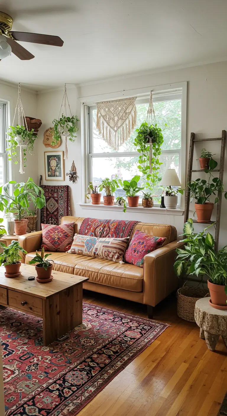 A bohemian living room filled with plants, a leather sofa, and layered patterned rugs and pillows.