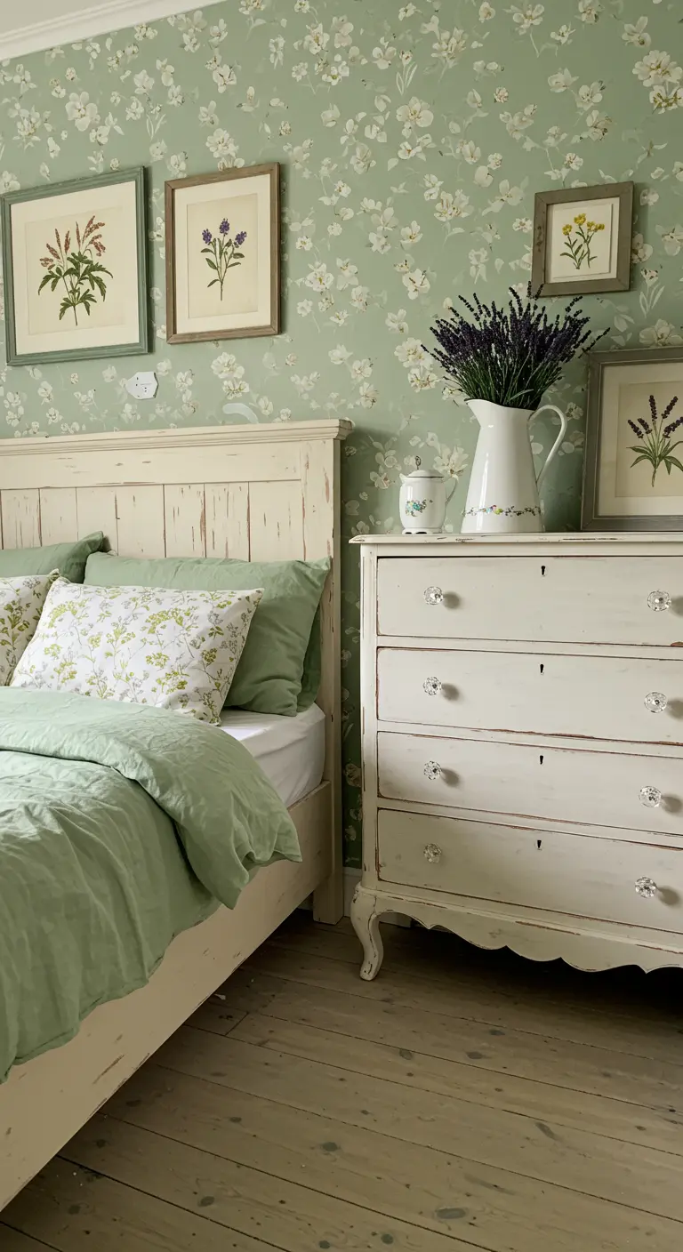 Shabby-chic bedroom with green floral wallpaper, botanical prints, and a white dresser.