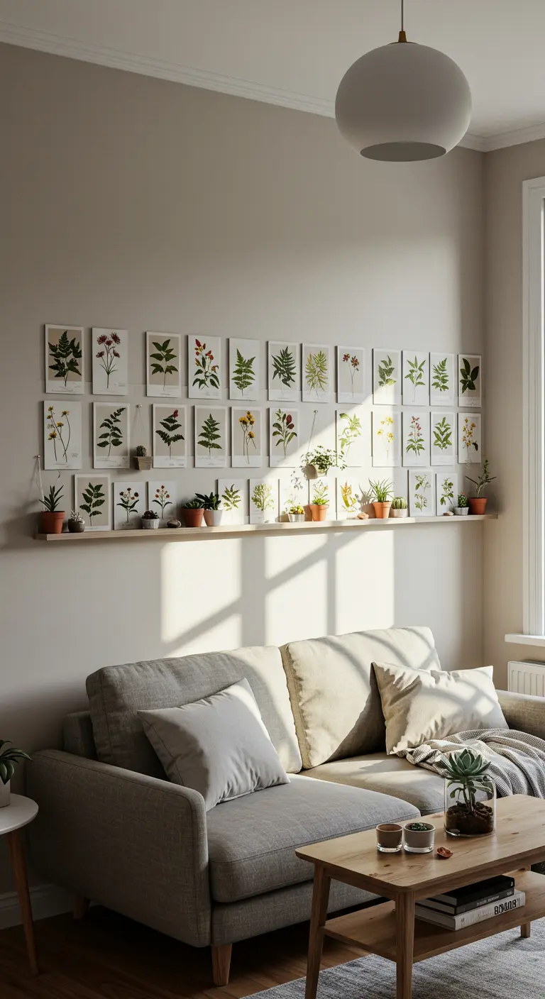 A long picture ledge above a sofa holds a mix of framed botanical prints and small potted plants.