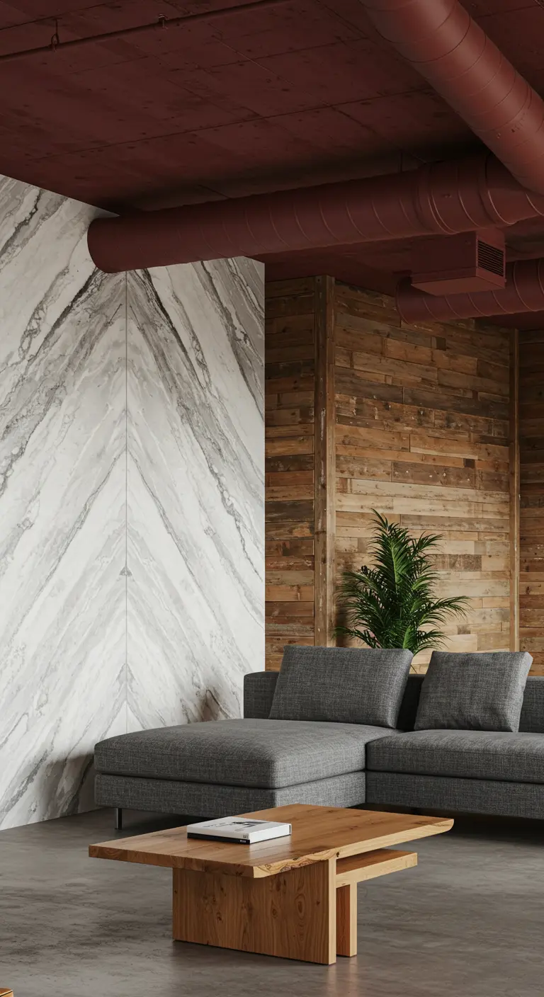 Loft where a white marble wall meets a reclaimed wood wall, with a gray sectional sofa.