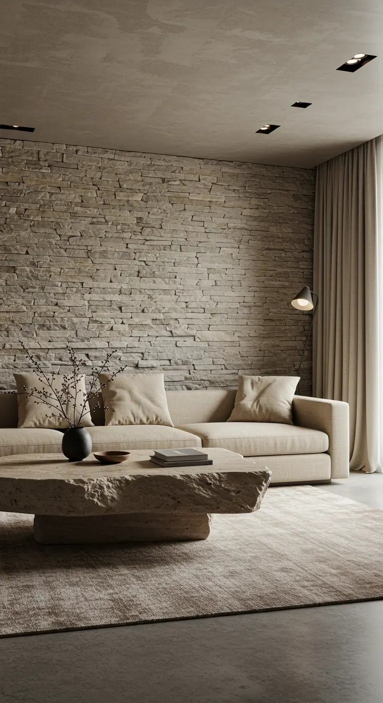 A living room with a stacked stone wall and a large, rough-hewn stone coffee table.