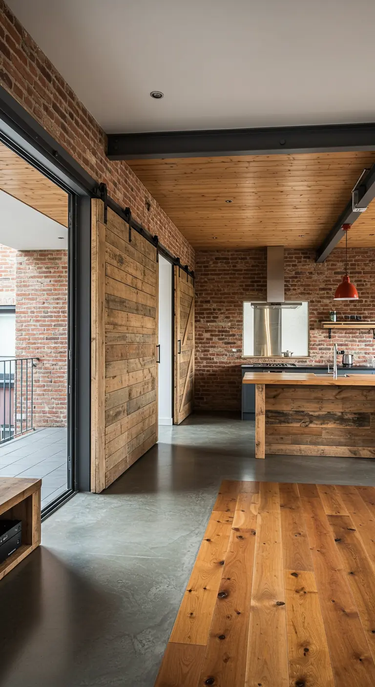 Industrial loft space with reclaimed wood barn doors, concrete floors, and exposed brick walls.