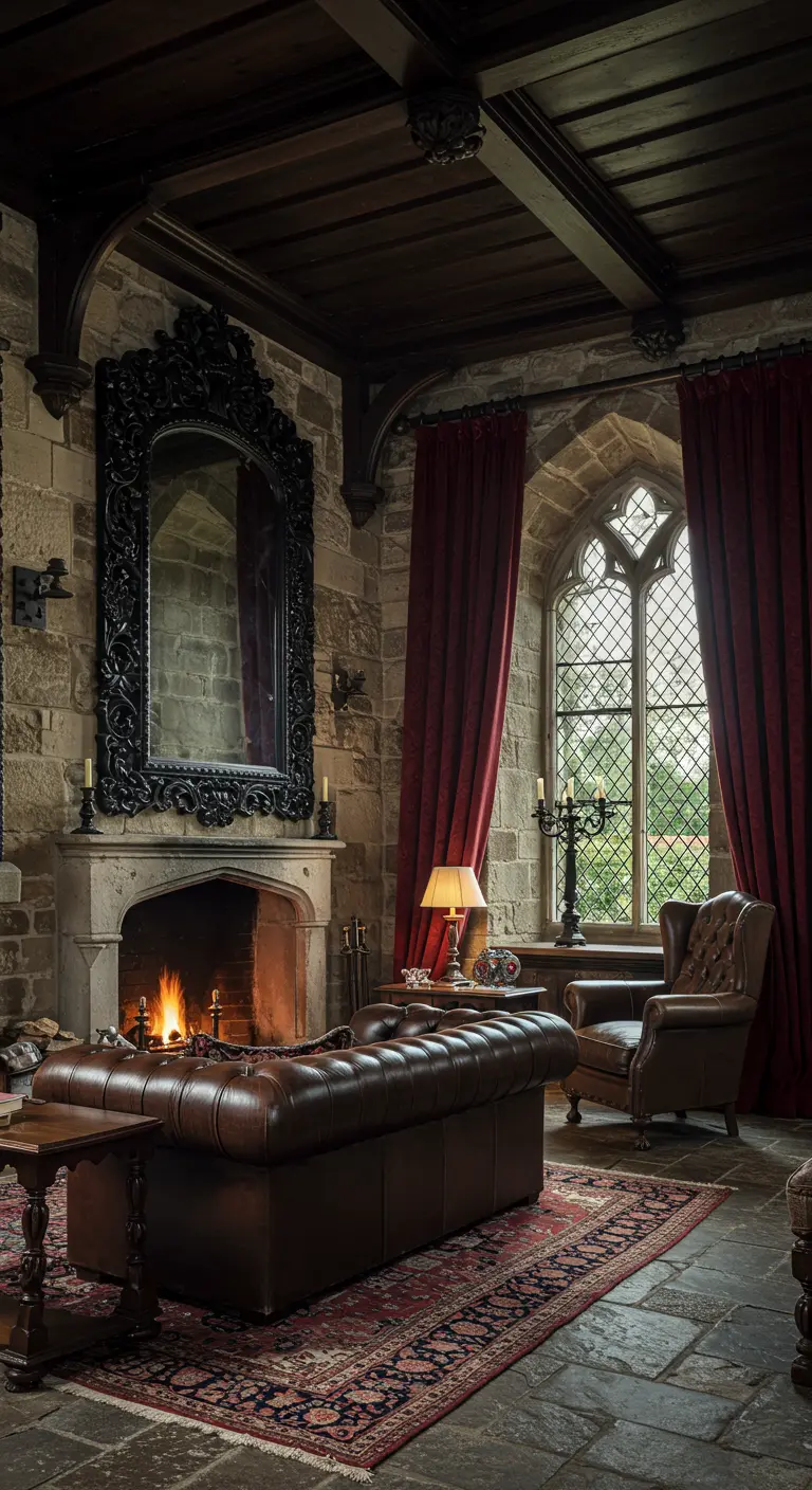 Cozy living room with stone walls, a leather chesterfield sofa, and a black ornate mirror.
