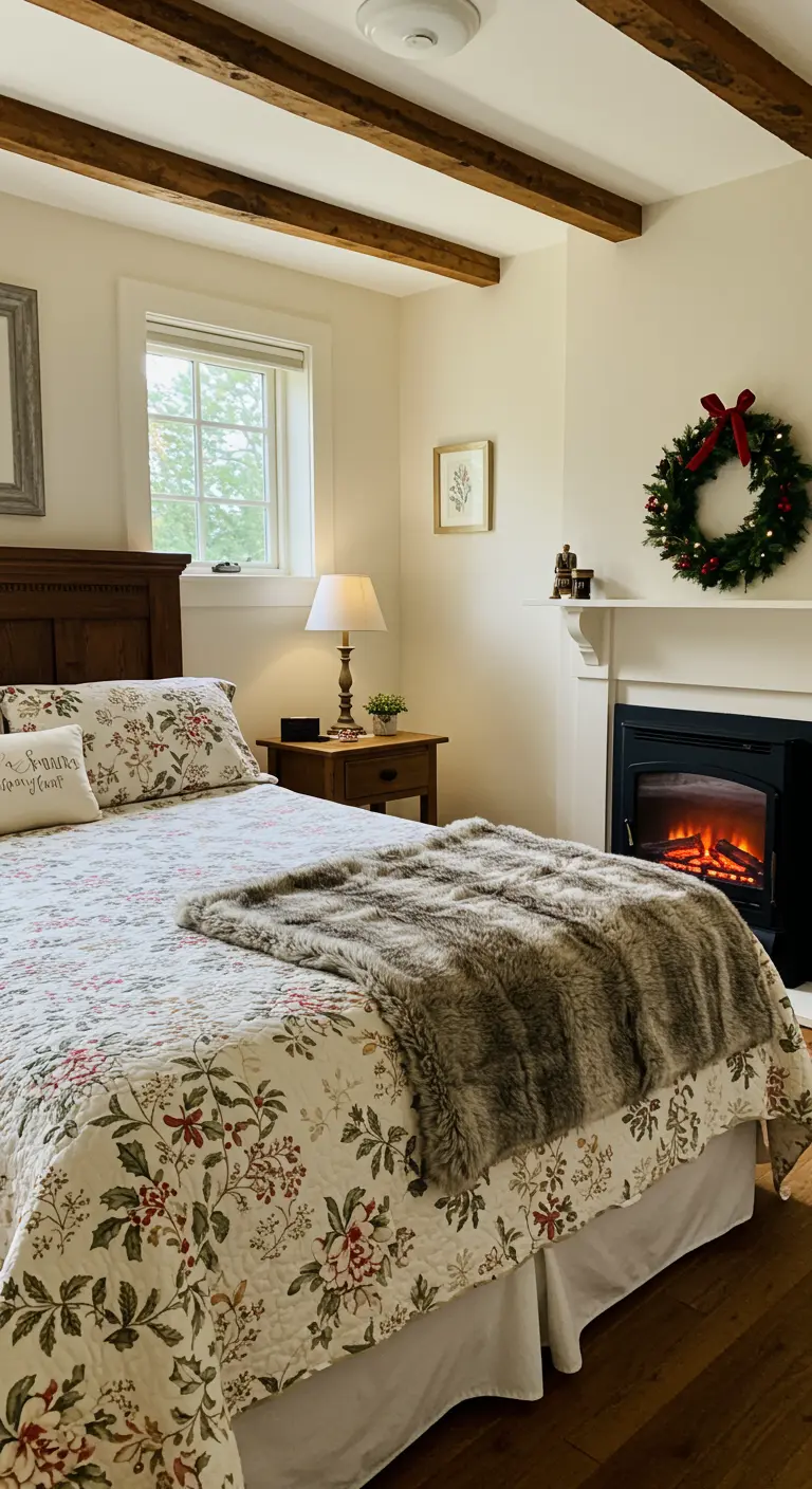 Floral quilt on a bed with a grey faux fur throw and a fireplace in the background.