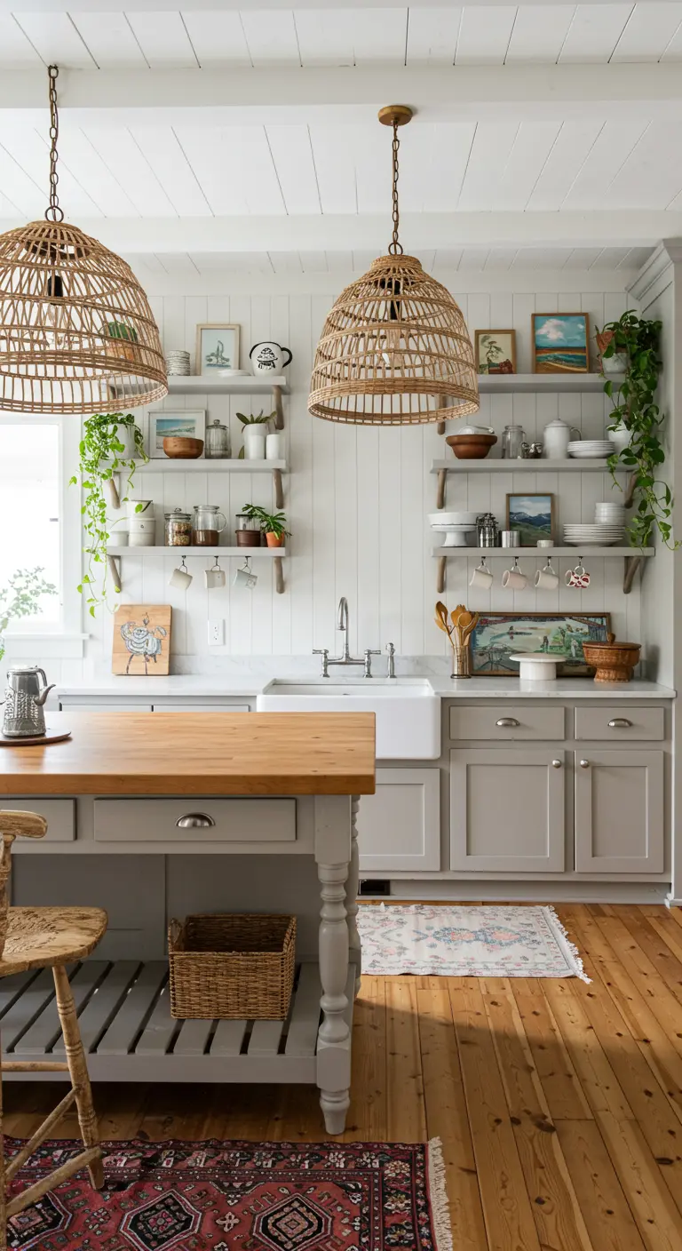 Two woven pendants hang in a farmhouse kitchen with layered rugs on the wood floor.