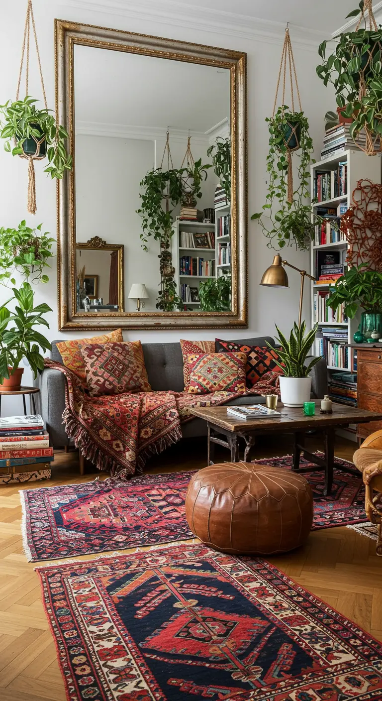 Bohemian living room with layered rugs, hanging plants, and a large mirror.