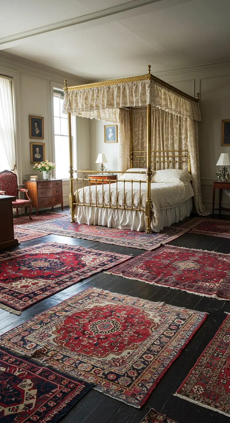 A large bedroom with dark wood floors covered by multiple, overlapping Persian-style rugs.