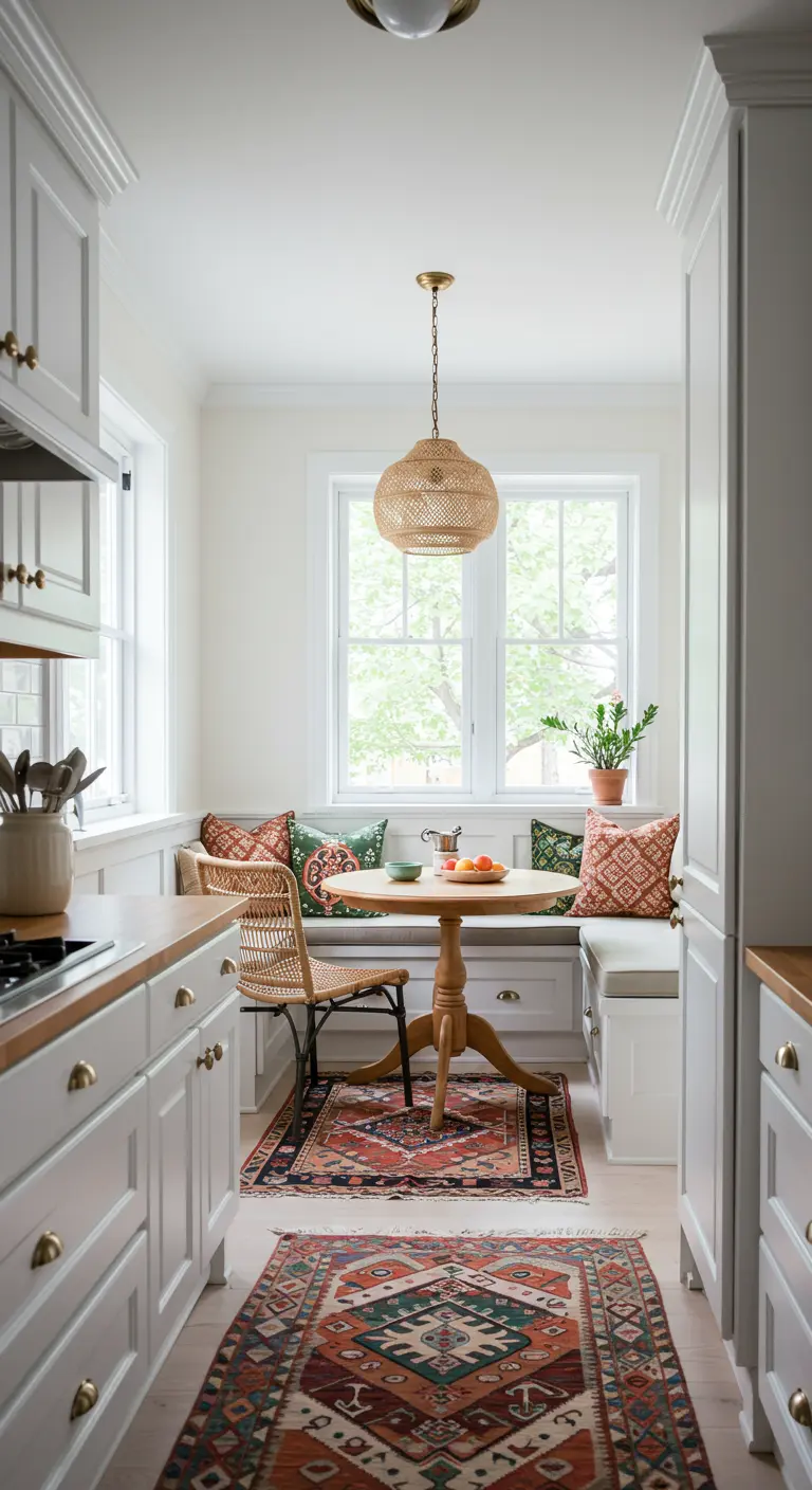 Breakfast nook with a built-in bench, woven pendant, and two layered Persian rugs.