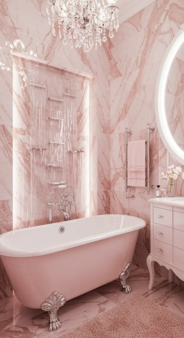 A romantic pink marble bathroom with a pink clawfoot tub, crystal chandelier, and waterfall feature.