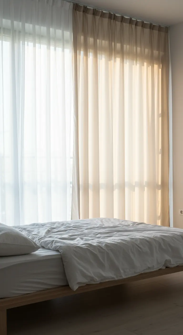 A window dressed with two layers of sheer curtains, one white and one warm beige.