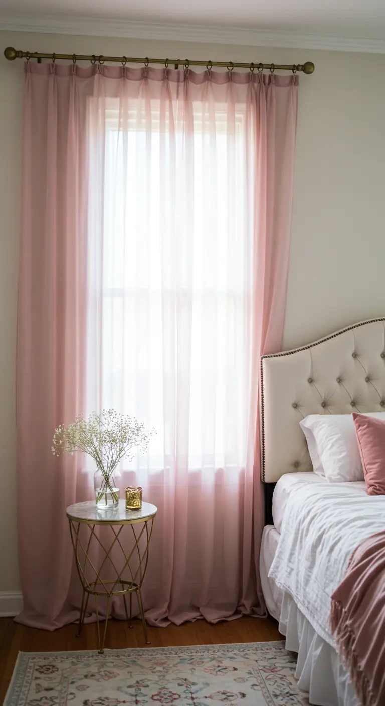 Sheer dusty pink curtains next to a bed with a gold side table.