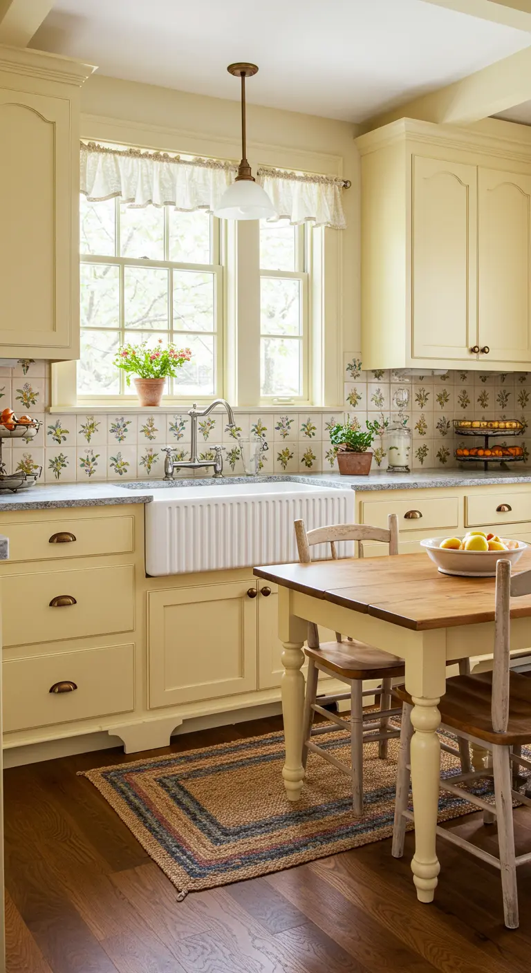 Country kitchen with creamy yellow cabinets, a floral tile backsplash, and a ruffled valance.