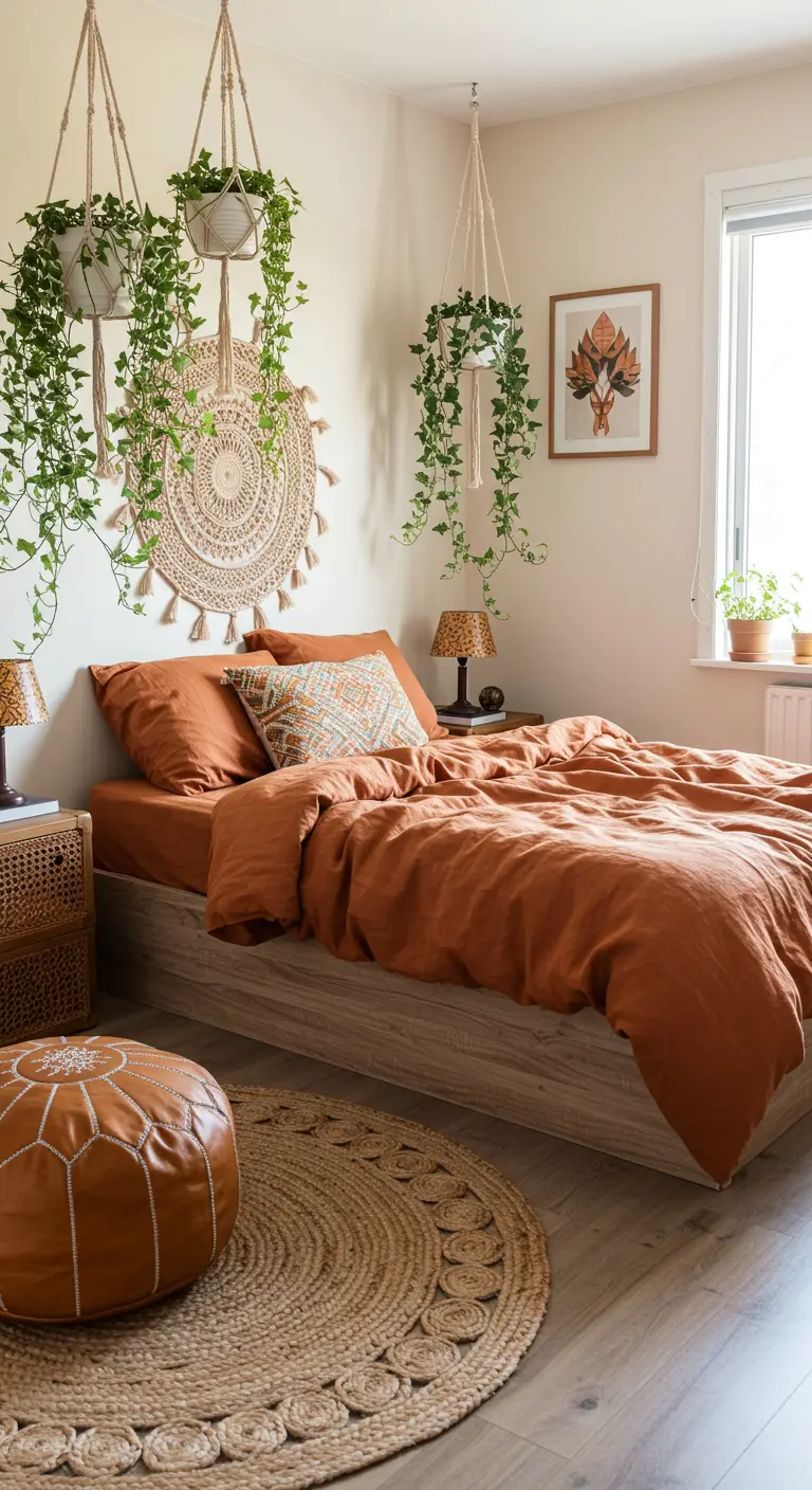 Bohemian bedroom with terracotta linen bedding, a jute rug, and macrame wall hangings.