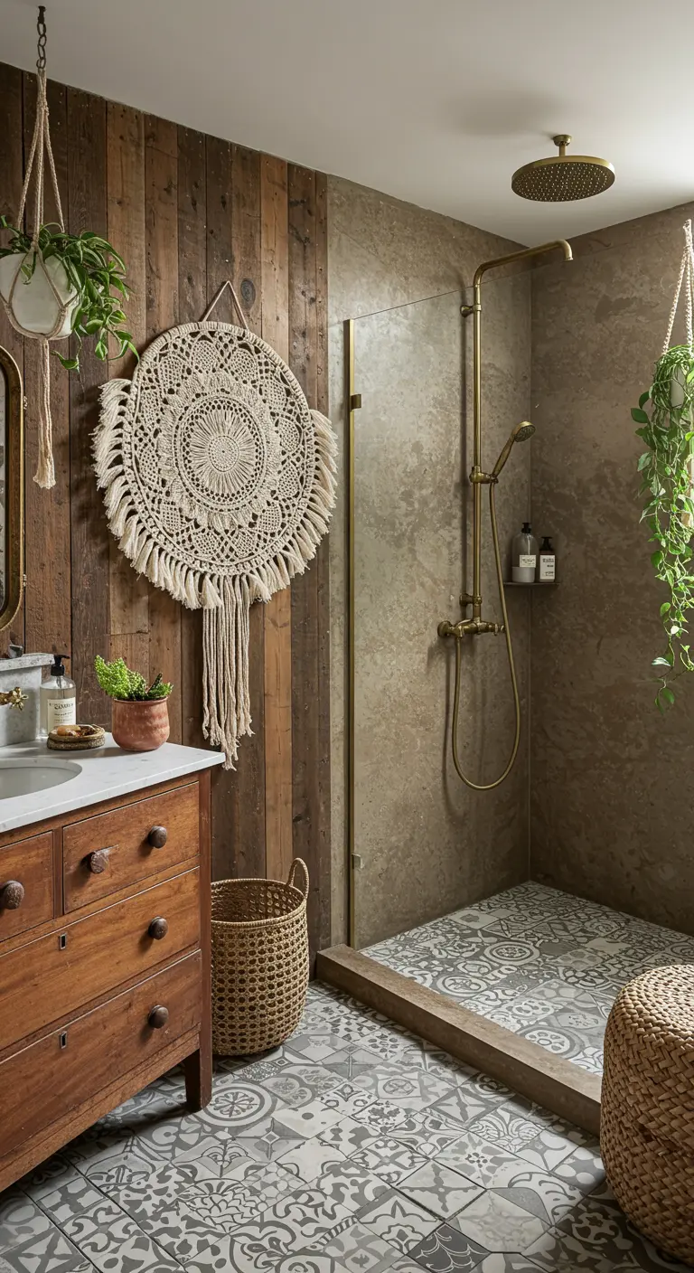 Boho bathroom with a reclaimed wood wall, macrame art, and patterned floor tiles.