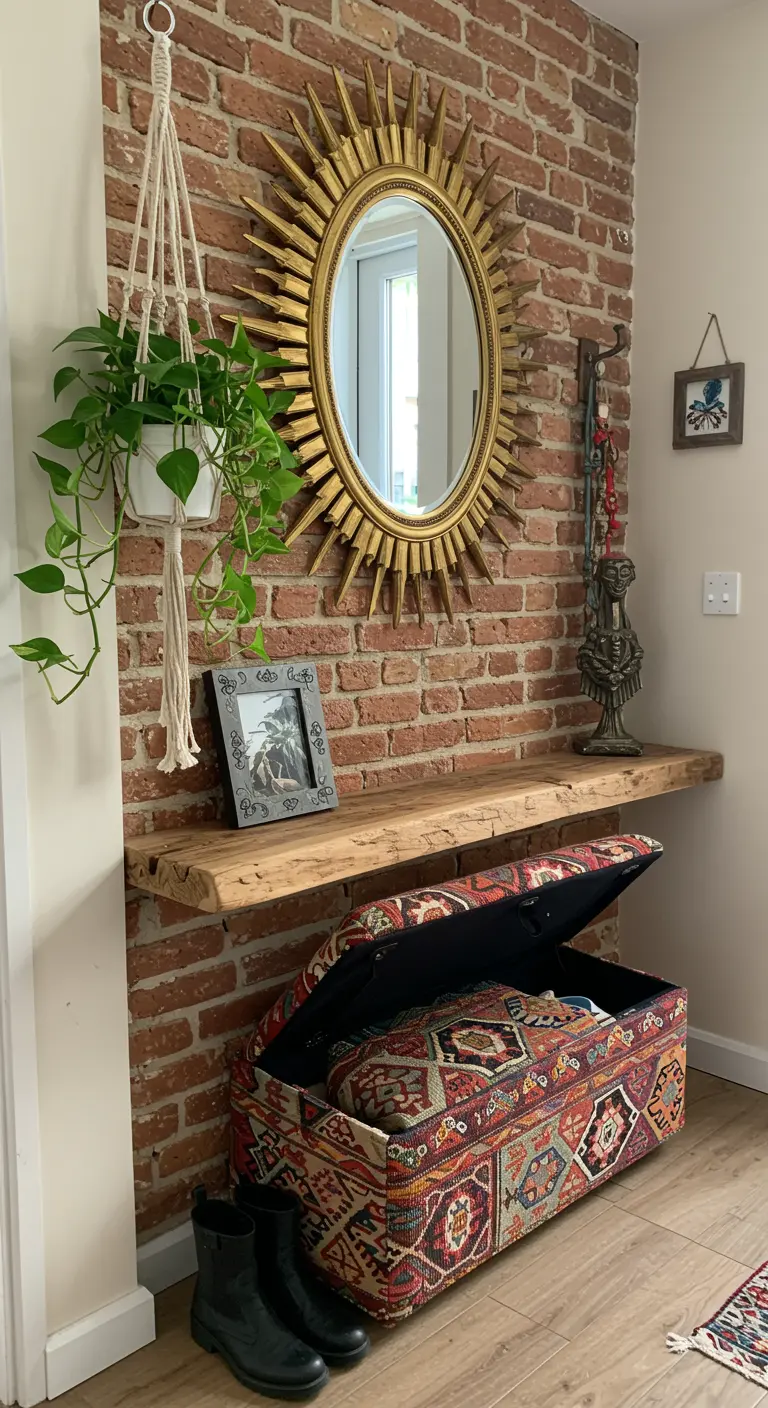 Live-edge wood shelf and sunburst mirror against a brick wall, with a patterned storage ottoman.