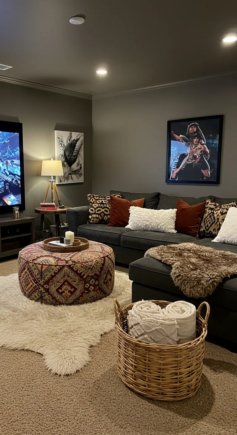 Cozy media room with a dark gray sectional, patterned ottoman, and layered plush rugs.