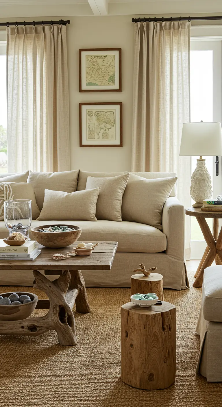 Cozy coastal living room with a slipcovered sofa and layered natural textures.
