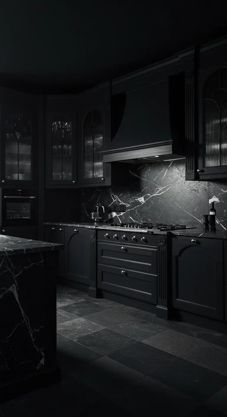 A very dark kitchen with black marble, matte black cabinets, and fluted glass uppers.