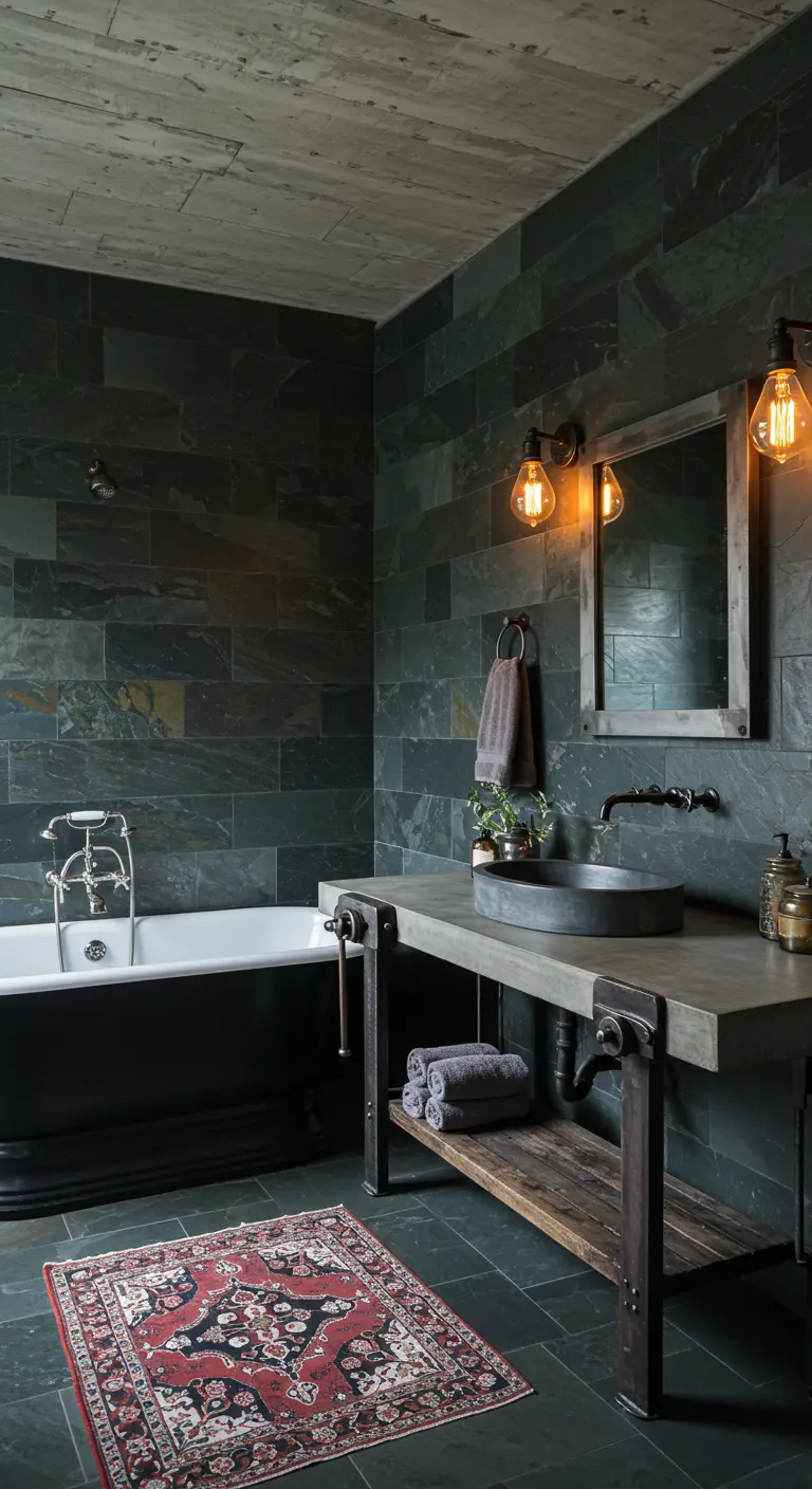 Dark industrial bathroom with slate walls, a concrete vanity, and a red Persian rug.