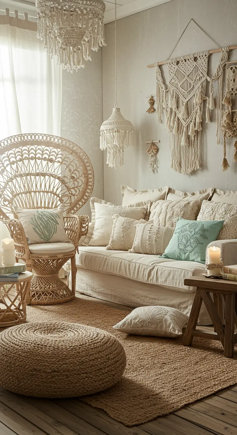 Bohemian living room with a peacock chair, macrame decor, and layered neutral textiles.