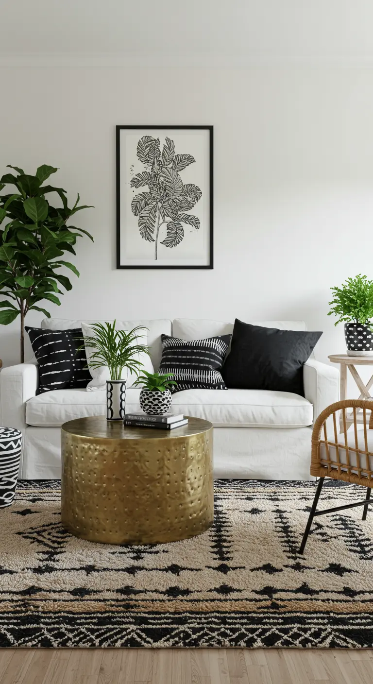 Living room with a white sofa, patterned black-and-white pillows, and a large hammered gold coffee table.
