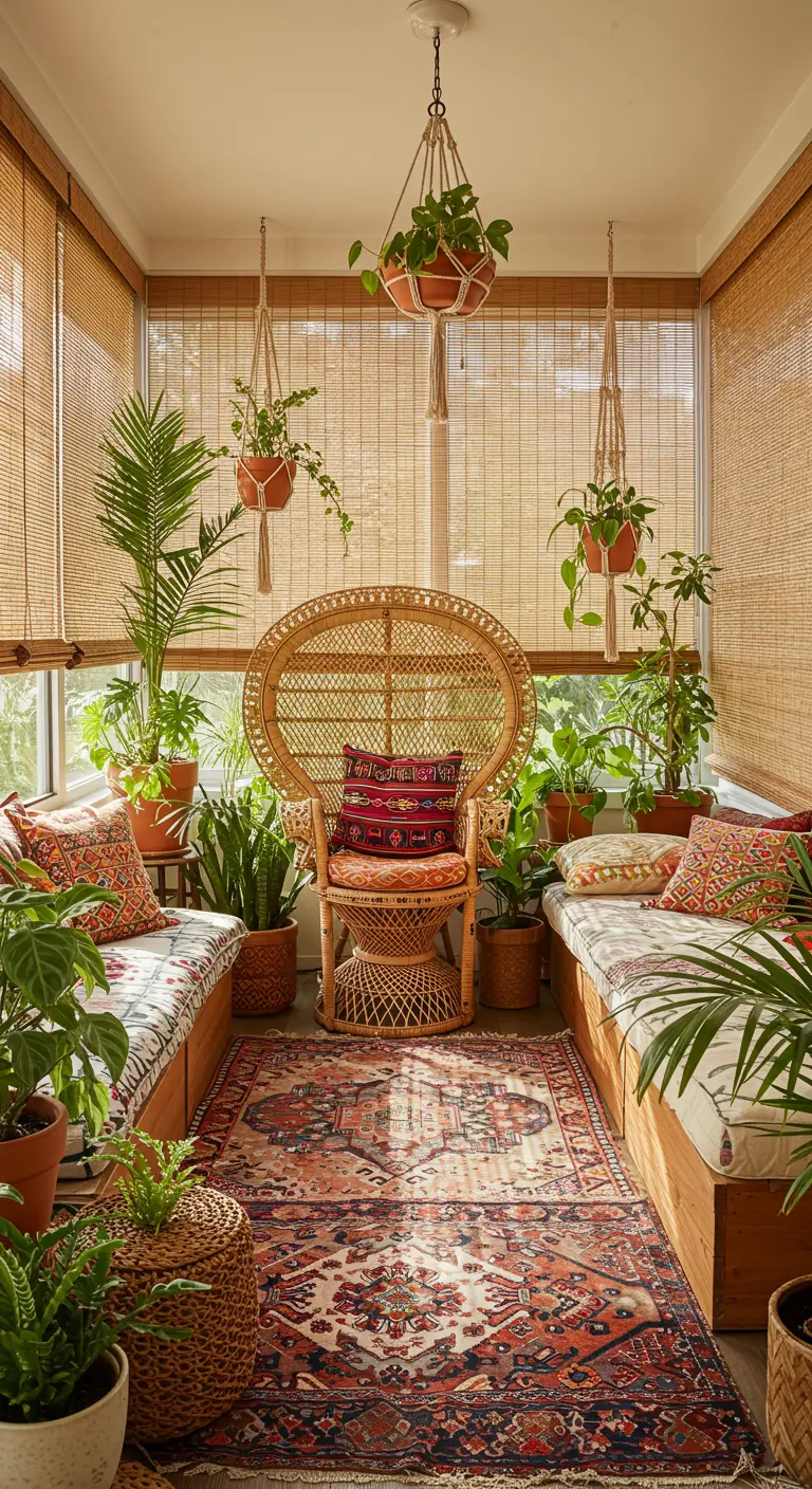 A cozy, plant-filled sunroom with a rattan peacock chair and layered bohemian textiles.
