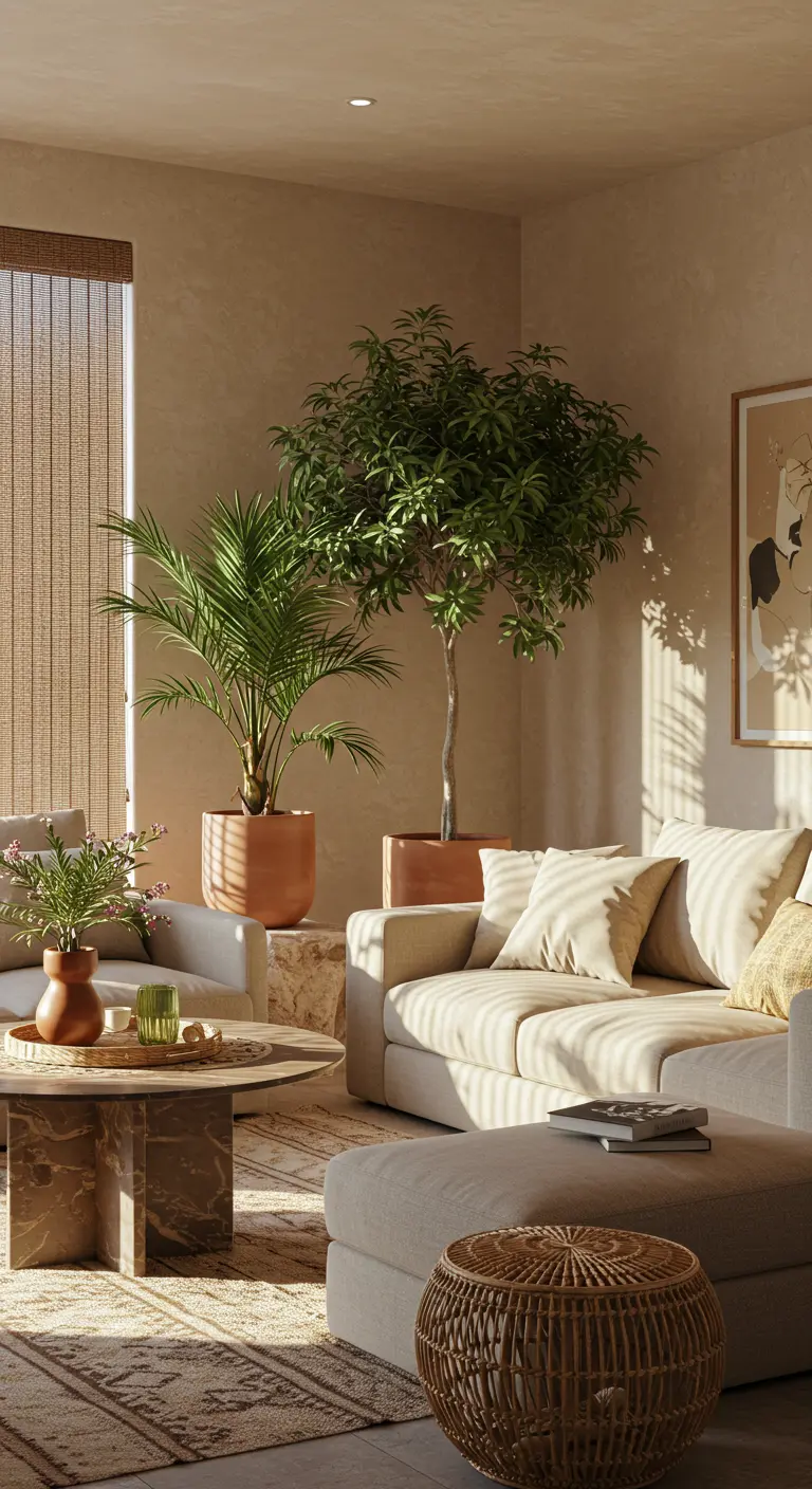 An earthy living room with a beige sofa, marble table, and multiple plants in terracotta pots.