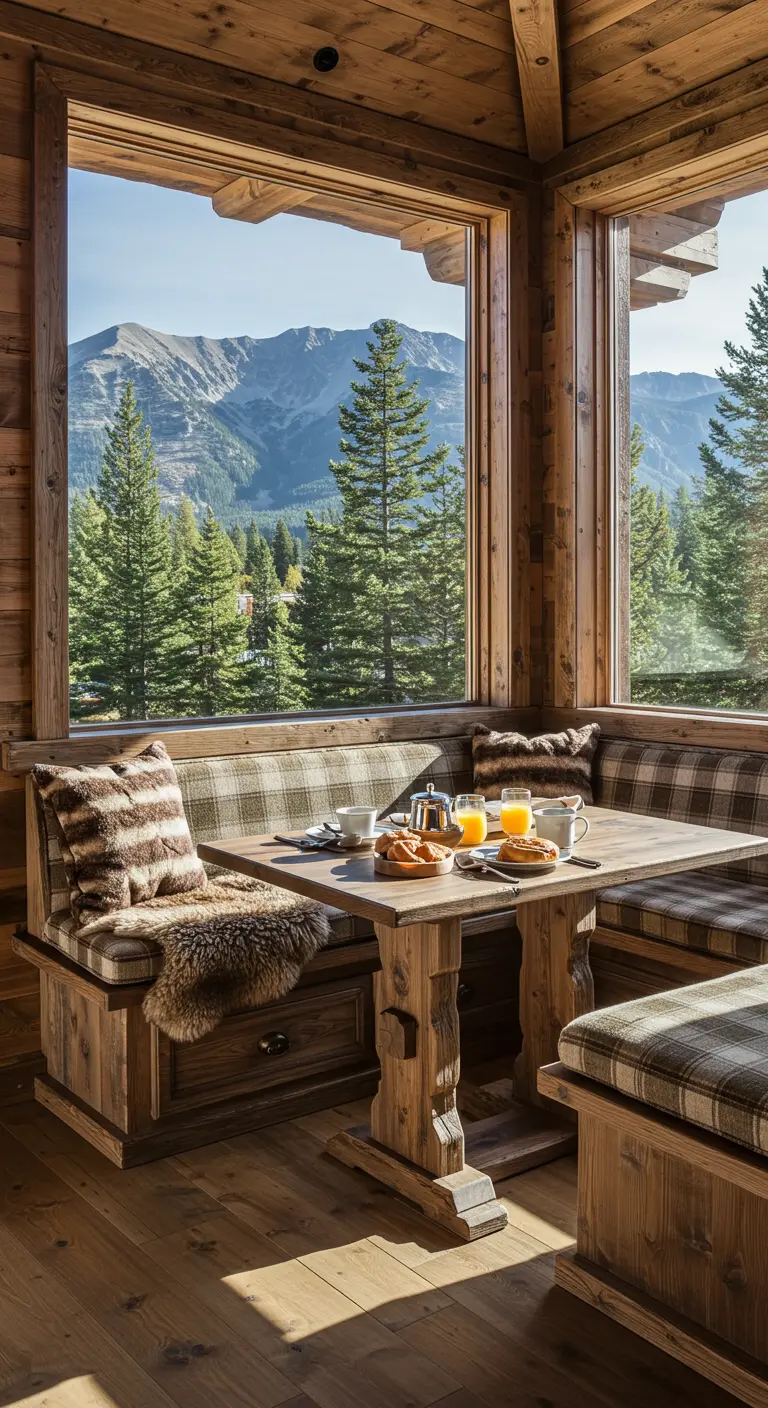 A rustic wood breakfast nook with plaid cushions and faux fur throws overlooking mountains.