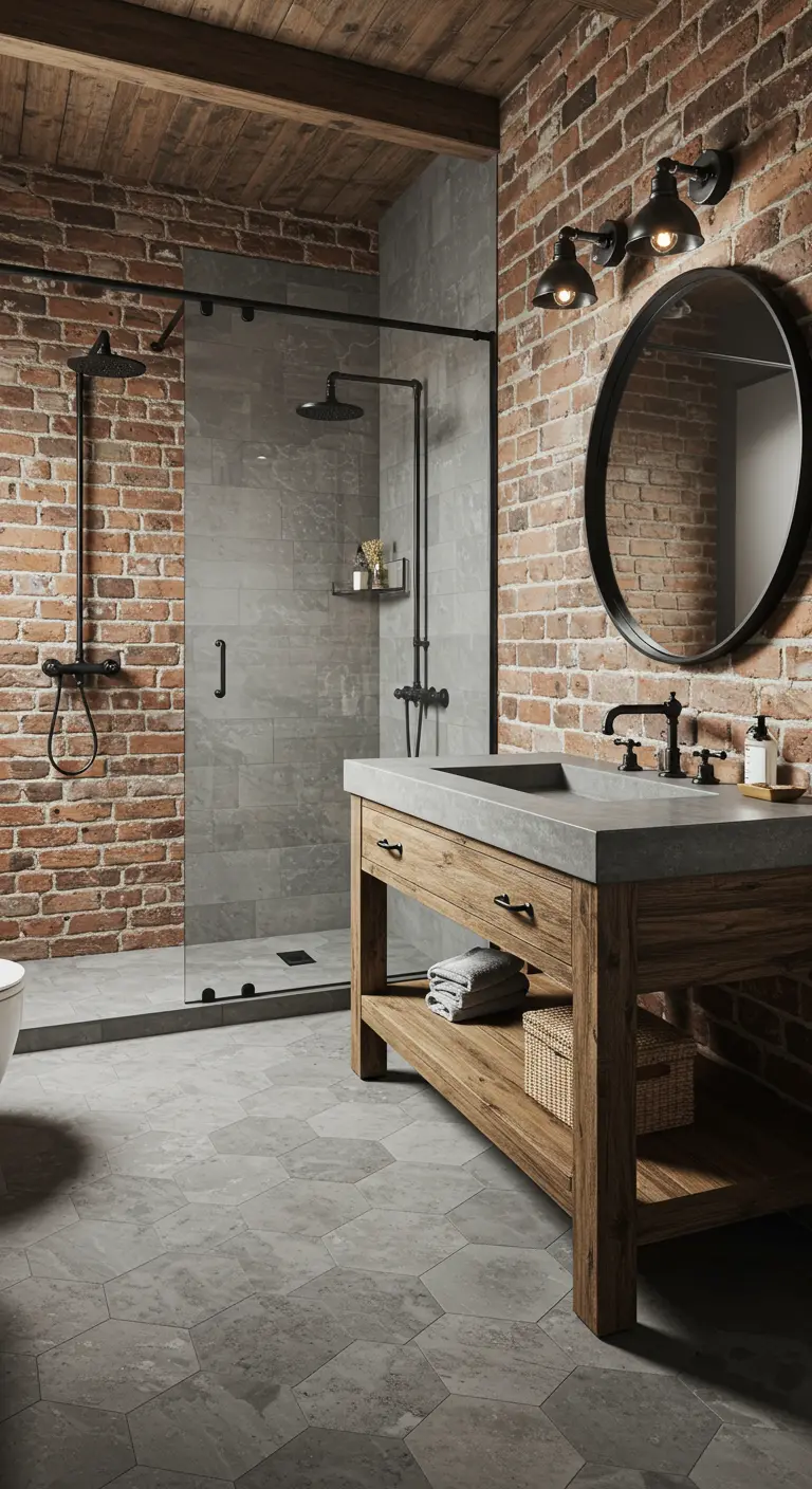 Rustic industrial bathroom with an exposed brick wall, wood vanity with a concrete top, and black fixtures.