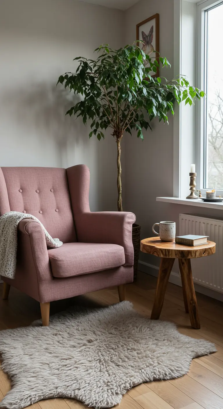 A pink wingback chair with a knit throw, a faux sheepskin rug, and a rustic wood side table.