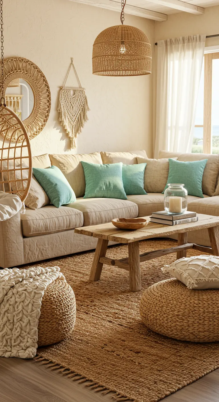 Bohemian coastal living room with a sand-colored sofa, layered textures, and aqua pillows.