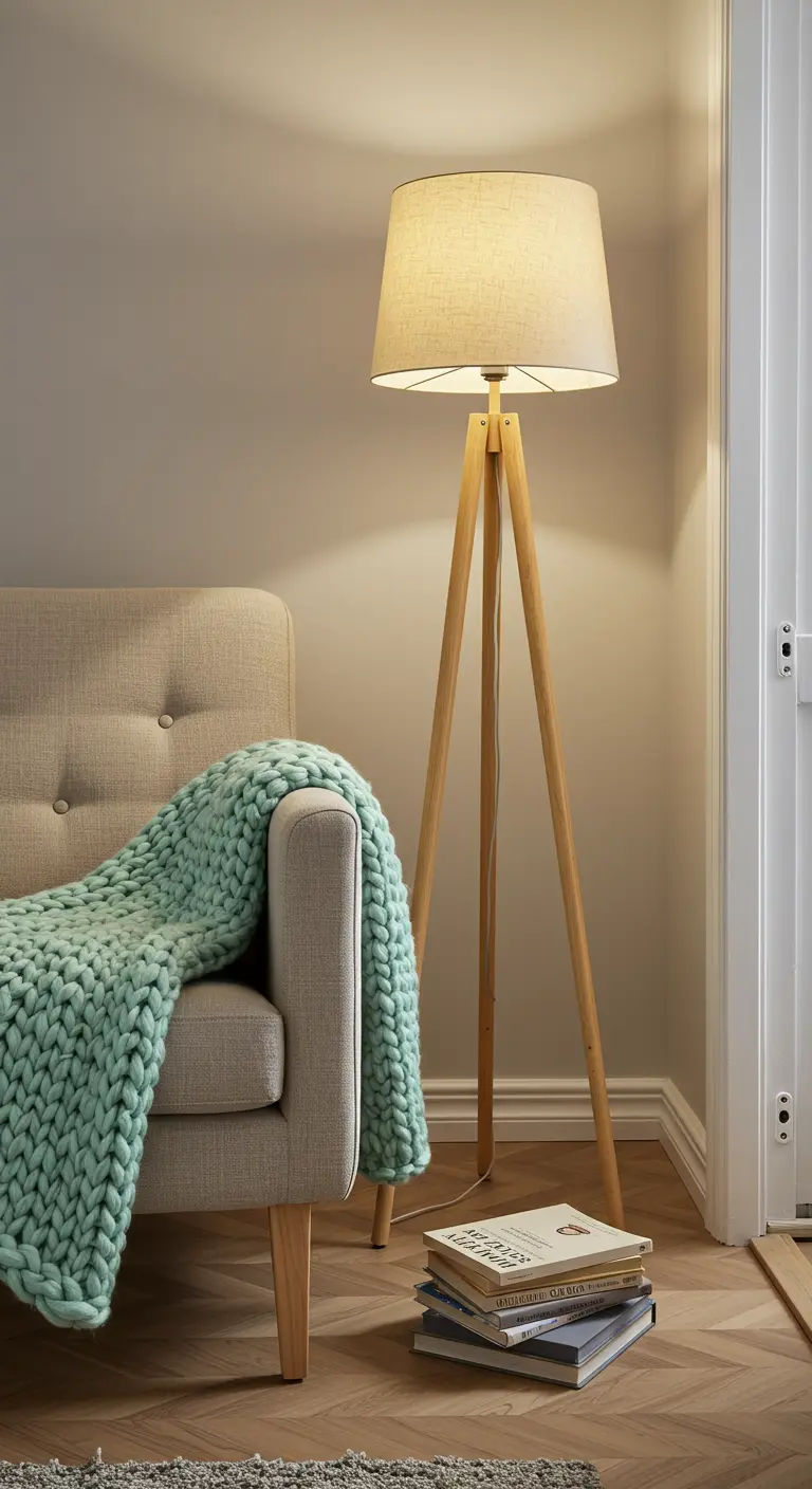 A chunky pale green knit throw draped over a beige armchair next to a tripod lamp.