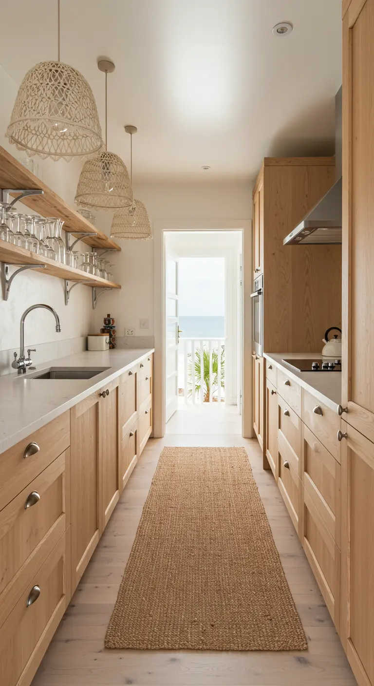Narrow galley kitchen with light wood cabinets and two macrame pendants over a jute runner.