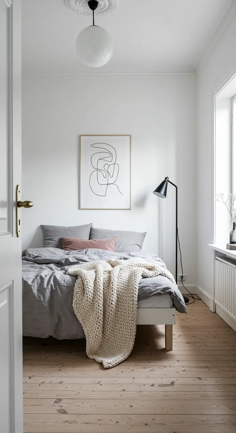 Narrow Scandinavian bedroom with gray linen bedding, a knit throw, and simple line art.