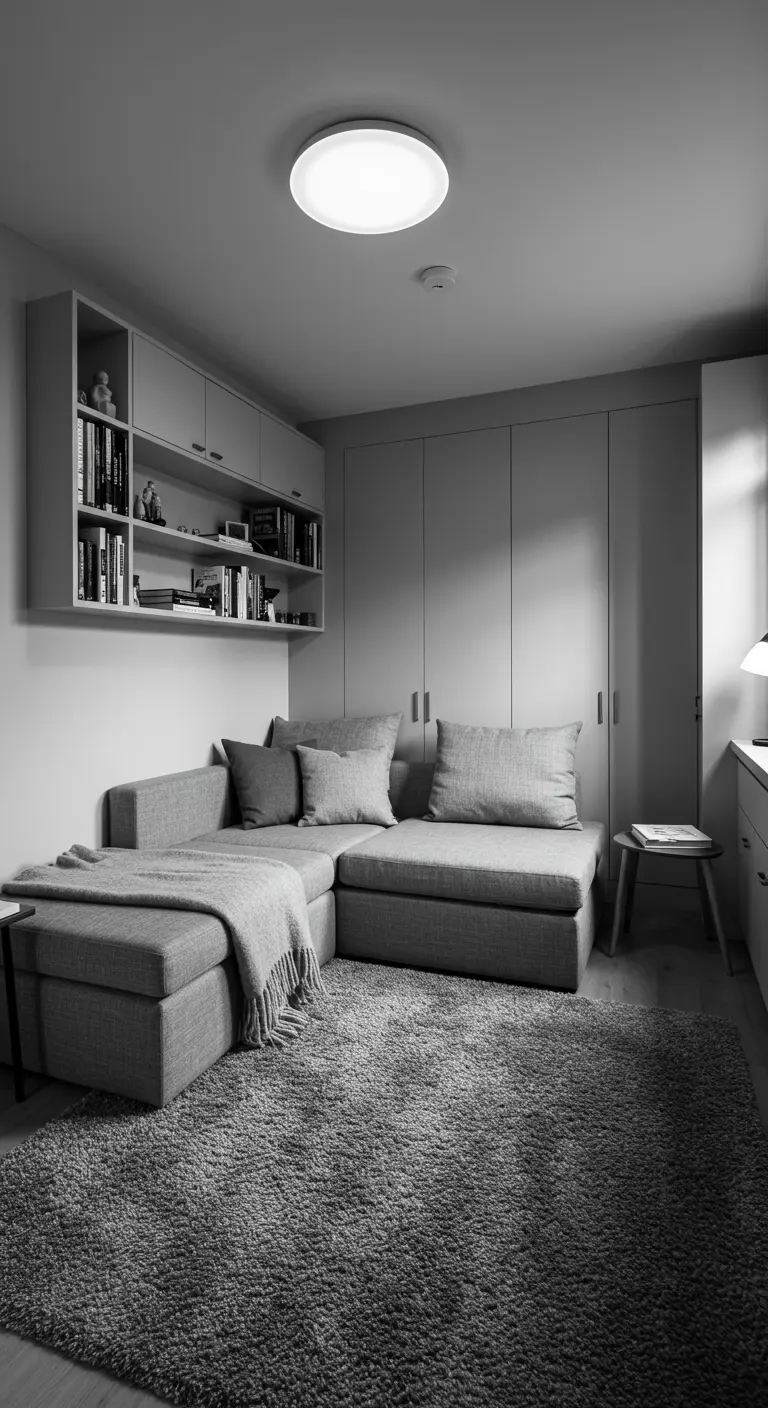 Gray sectional sofa with a cozy throw on a shag rug in a monochrome room.