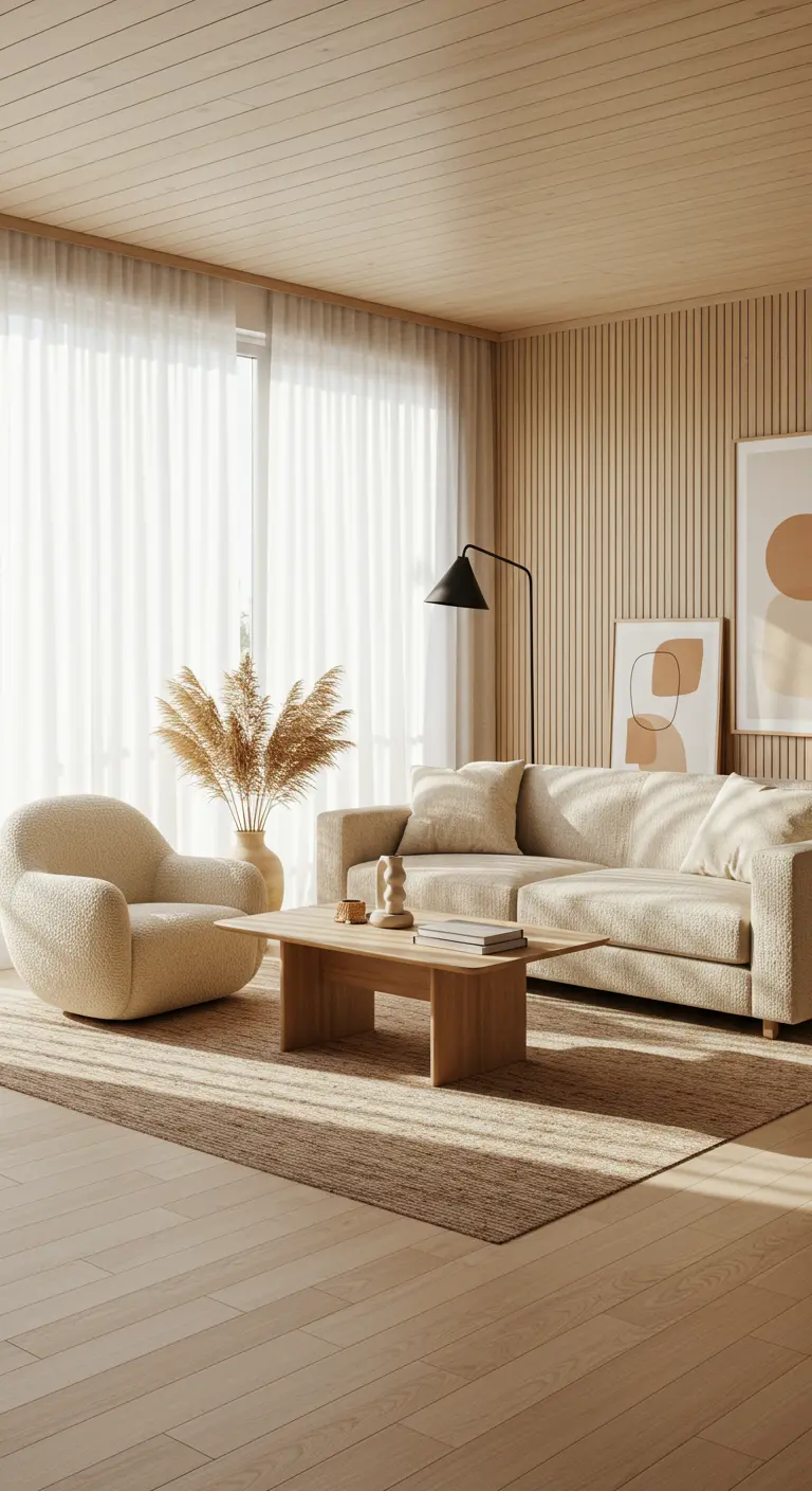 A Japandi living room with a beige bouclé sofa, wood-paneled wall, and sheer curtains.