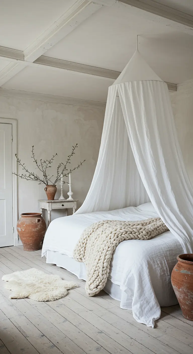 A serene, all-white bedroom with a canopy, a chunky knit blanket, and large terracotta urns.