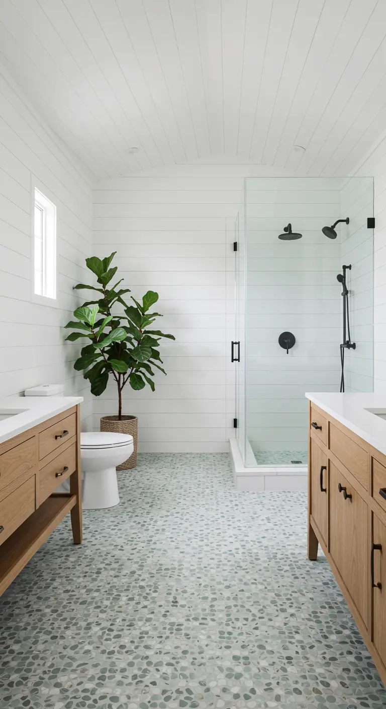 White shiplap bathroom with light oak vanities, a pebble tile floor, and a large plant.