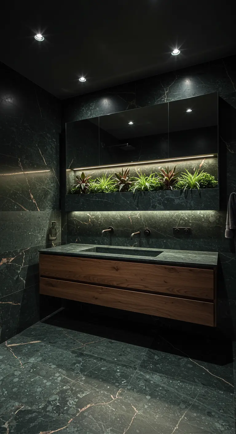 Dark green marble bathroom with a backlit niche of bromeliads above a wood vanity.