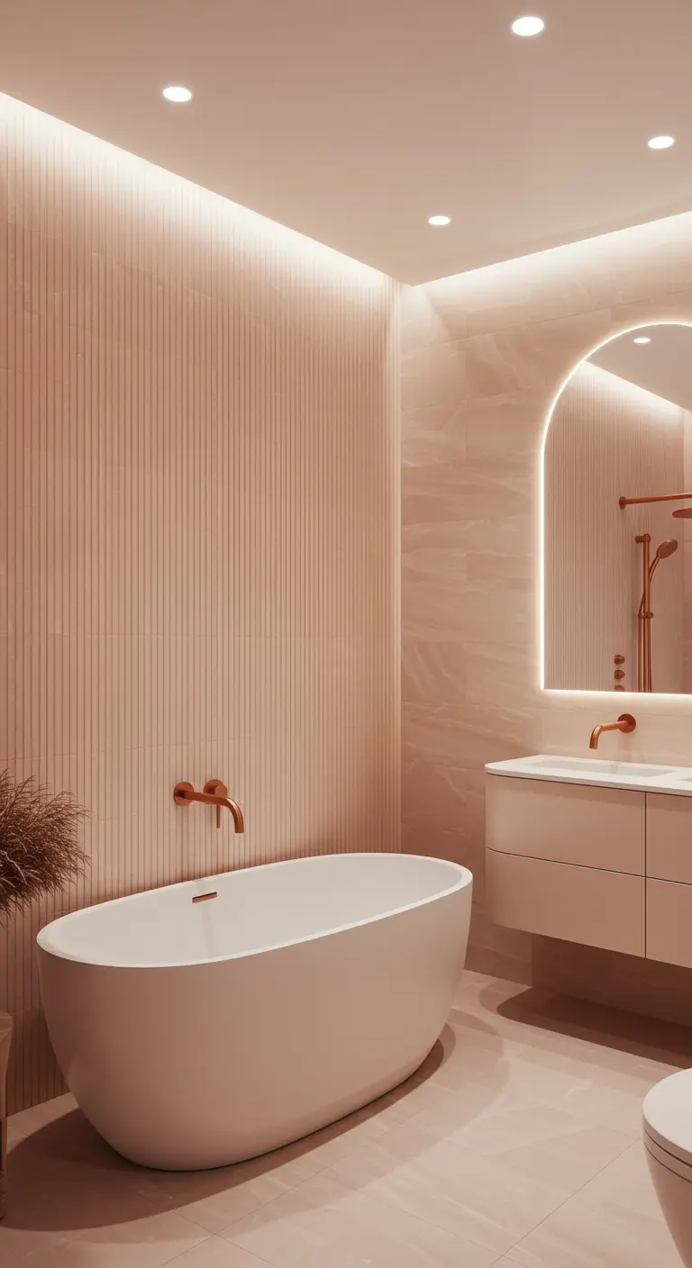Modern bathroom with pink reeded walls, a backlit mirror, and rose gold taps.