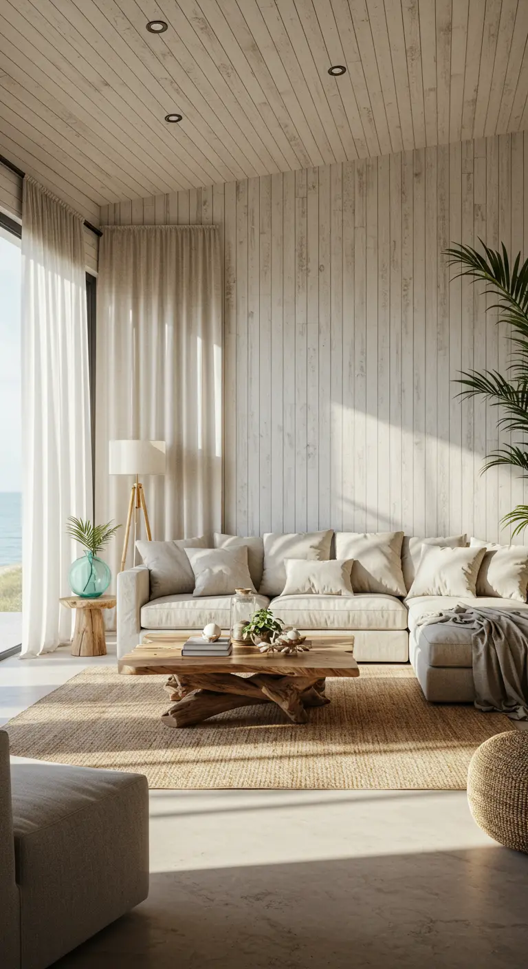 Coastal living room with light wood walls, a linen sofa, and a sculptural driftwood coffee table.